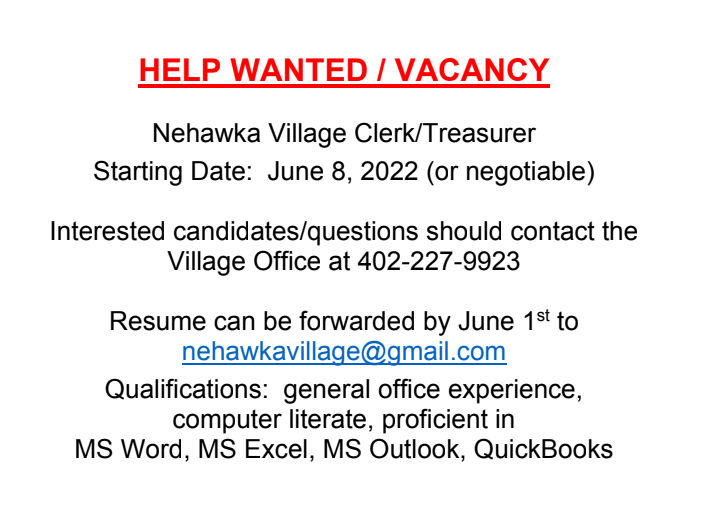 nehawka vacancy clerk